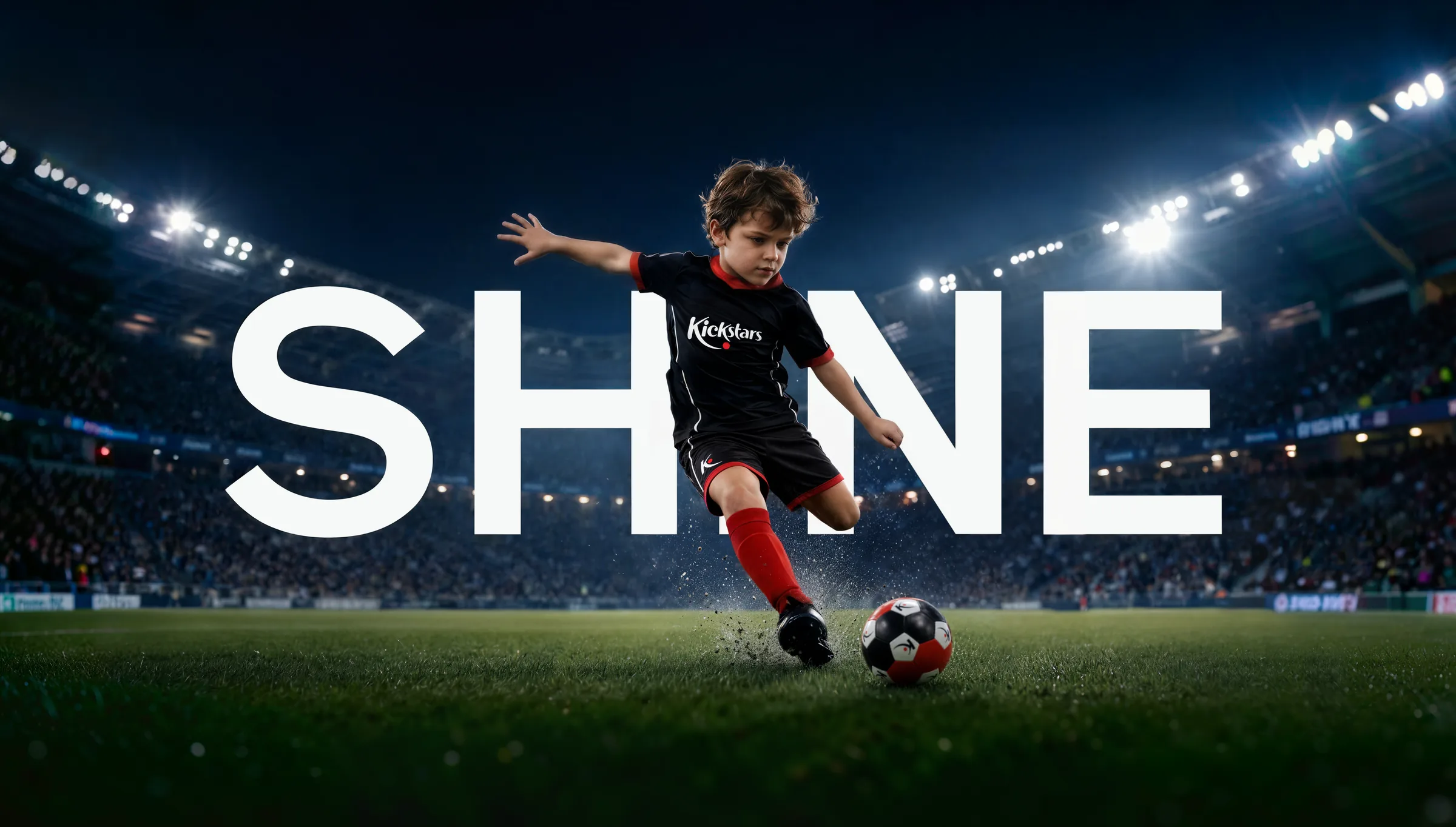 Young Kickstars player striking the ball under floodlights