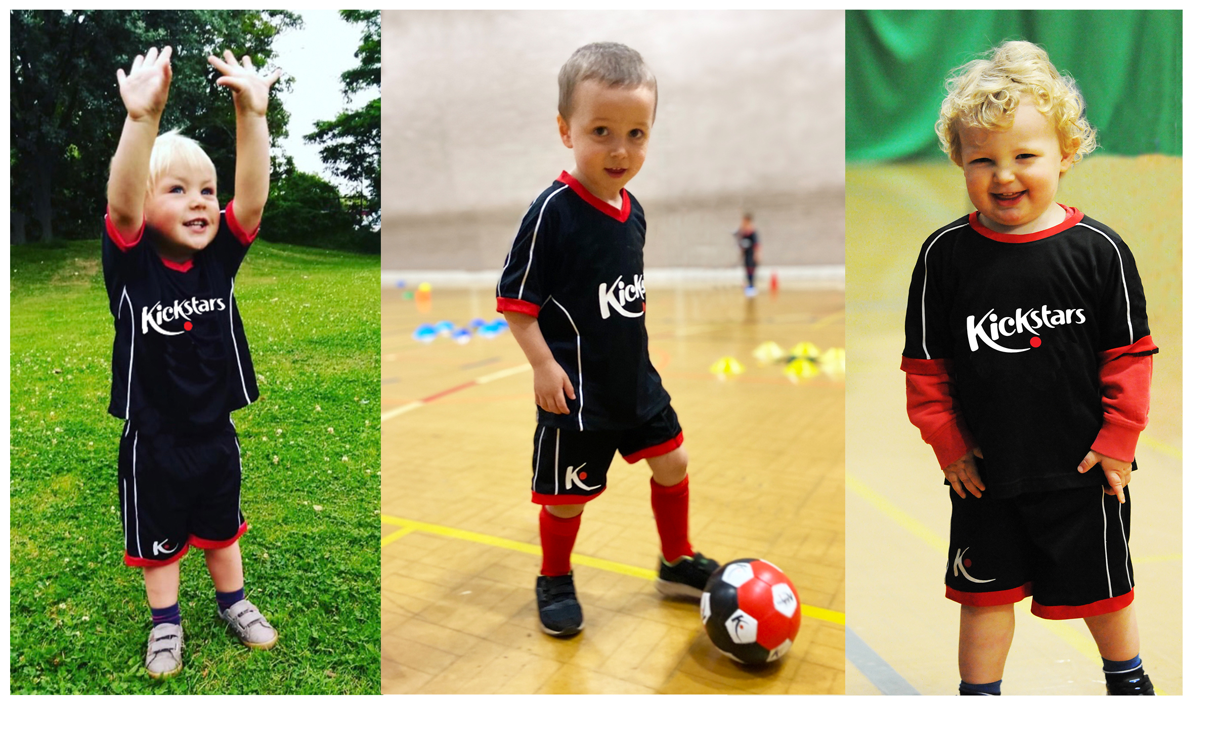 three children playing football black kits Kickstars ball kicking on grass in sports hall